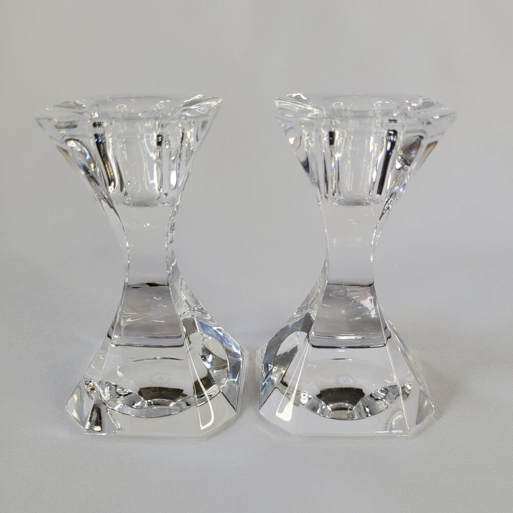 Vtg Villeroy Boch Pisa 4" Lead Crystal Taper Candlesticks Holder Clear Glass Set